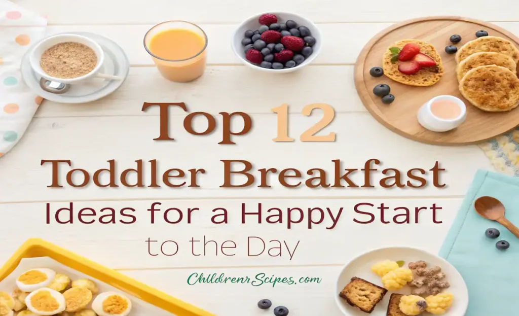 A cozy breakfast table with toddler-sized portions of pancakes, egg muffins, waffle sandwiches, yogurt with fruit, and smoothie popsicles, styled with soft pastel tones and natural lighting.