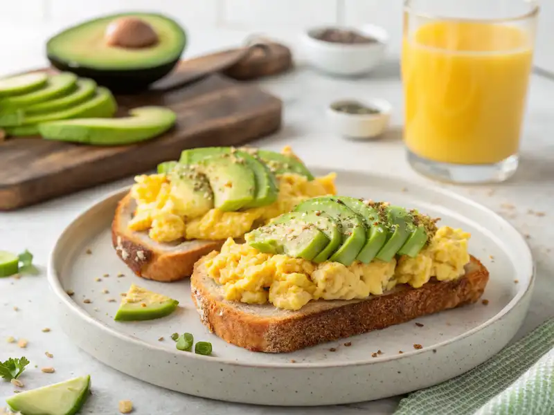 Avocado toast topped with scrambled eggs—healthy, protein-packed toddler breakfast idea.