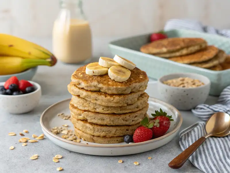Fluffy banana oat pancakes stacked on a toddler plate with banana slices—an ideal toddler breakfast idea.