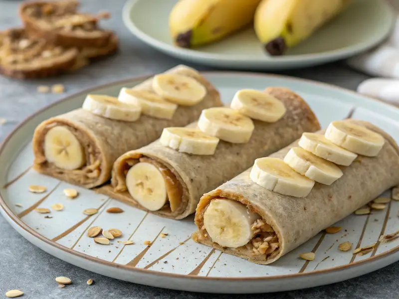 "Banana and sunflower seed butter roll-ups made with whole wheat tortillas, banana slices, and sunflower seed butter—a tasty and nutritious toddler lunch."