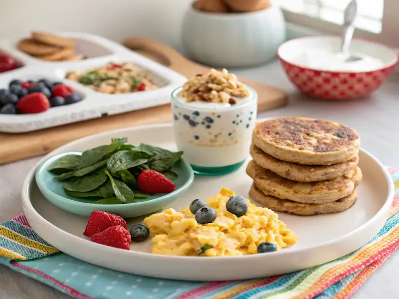 Colorful toddler breakfast plate featuring mini banana oat pancakes, scrambled eggs with spinach and cheese, and a yogurt parfait, perfect for Toddler Meals.
