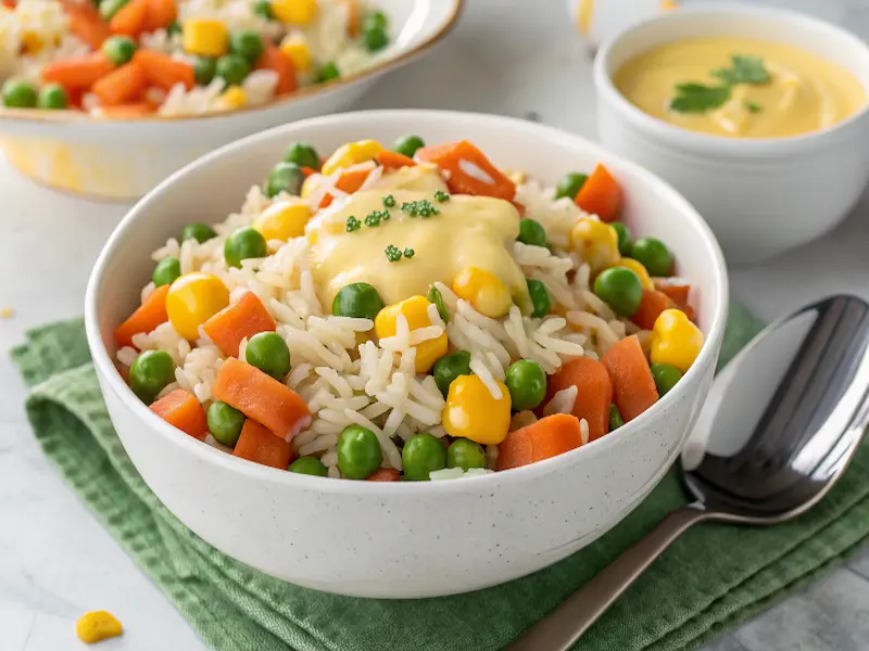 Cheesy Veggie Rice Bowl, a delicious Kid Friendly Rice Recipes with rice, peas, carrots, and corn