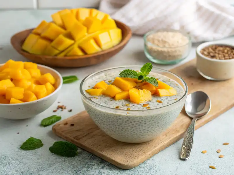 Chia pudding with mango served in a jar—perfect toddler breakfast idea for a quick, nutritious start.