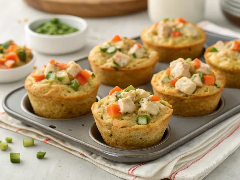 "Chicken and veggie muffins made with ground chicken, grated veggies, and cheese—ideal for toddler lunches and packed with protein."