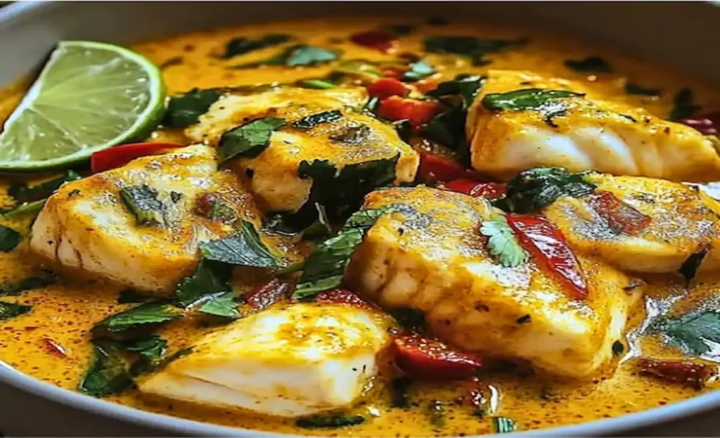 Creamy Coconut Fish Curry with Lime and Lemongrass in a white bowl, topped with herbs and lime slices, served on a wooden table