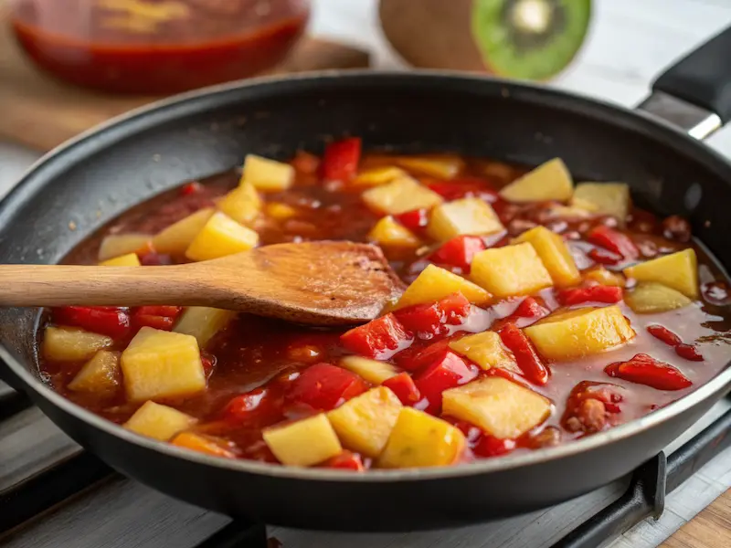 Sweet and sour sauce with pineapple and ketchup simmering in a skillet.