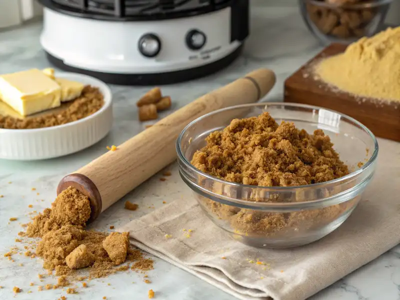 Crushed Biscoff cookies mixed with melted butter for the crust of mini Biscoff cheesecakes.
