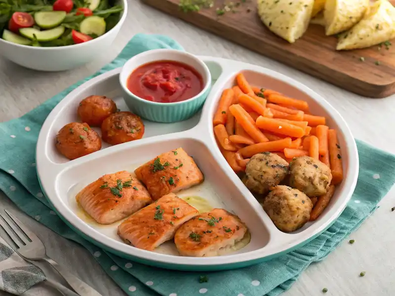 Nutritious toddler dinner plate with baked salmon bites, pasta with hidden veggies, and turkey meatballs — wholesome Toddler Meals.