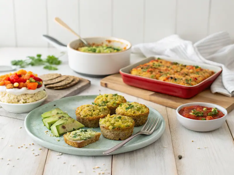 "Five toddler-friendly meals including creamy avocado toast, turkey meatloaf muffins, cheesy broccoli rice casserole, sweet potato tacos, and veggie-loaded macaroni and cheese, arranged on a family-friendly kitchen table."