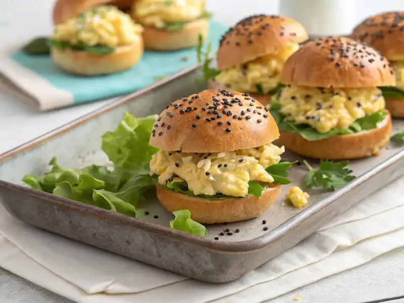 "Egg salad mini sliders made with hard-boiled eggs, light mayo, and mini slider buns—a great lunch option for toddlers."
