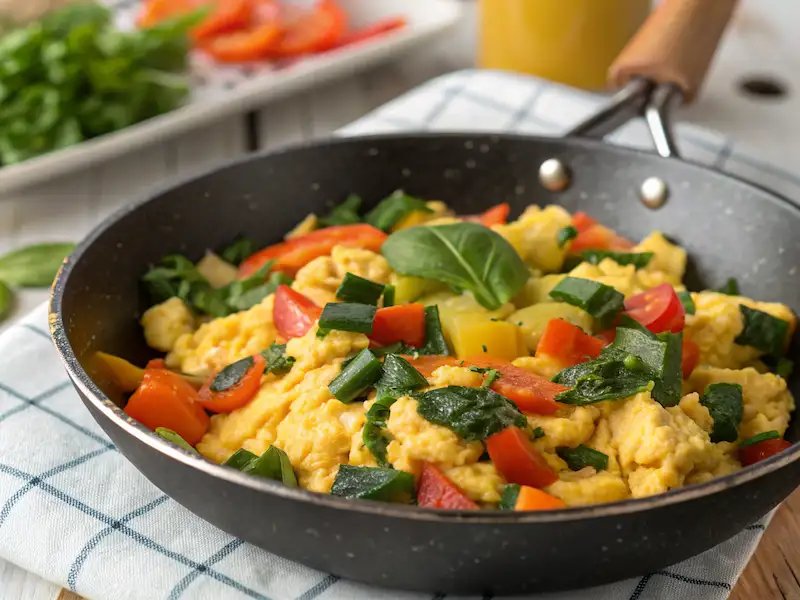 Egg scramble with spinach and bell peppers – an iron-rich breakfast for kids.