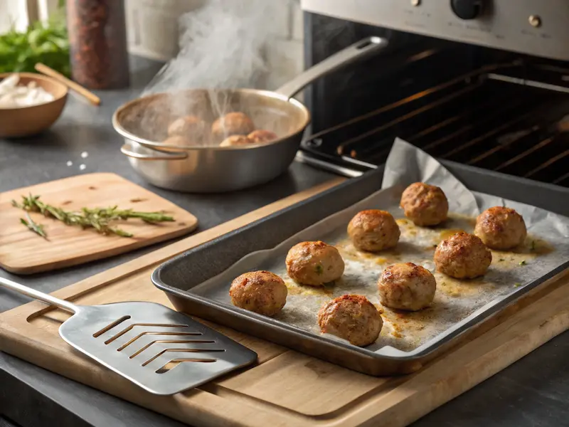 Golden brown sweet and sour meatballs cooking in a skillet.