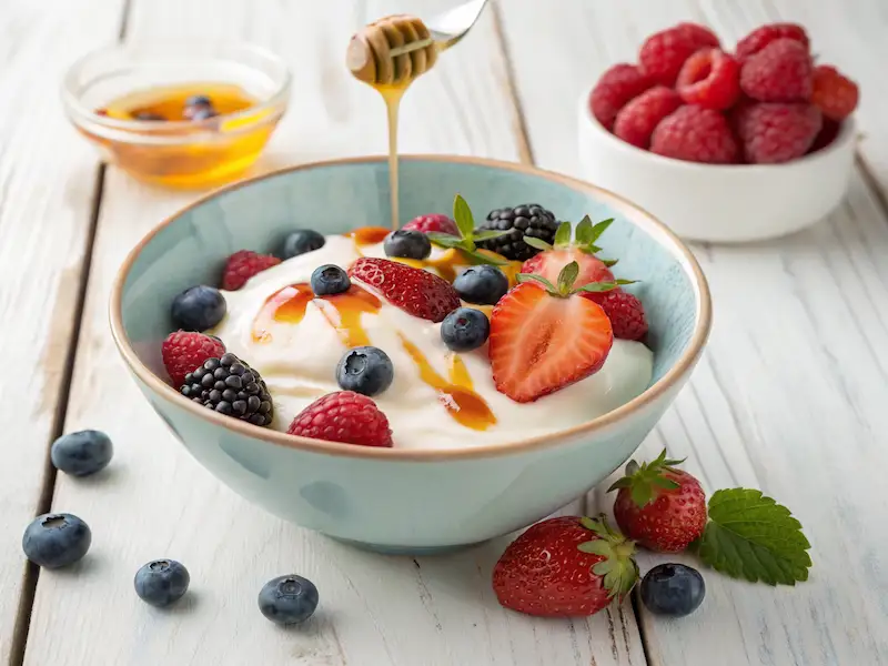 Greek yogurt topped with fresh berries and a drizzle of honey—an excellent toddler breakfast idea.