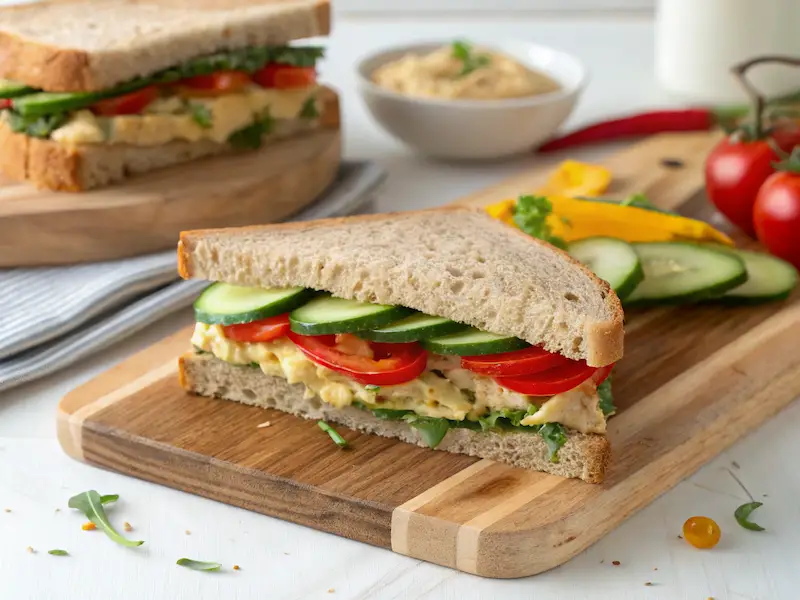 "Hummus and veggie sandwiches made with whole grain bread and fresh cucumber slices, ideal for toddler lunches."