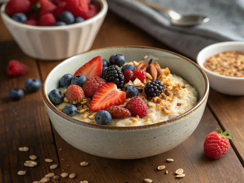 Iron-fortified oatmeal topped with berries – a kid-friendly iron-rich breakfast option.