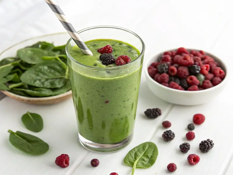 Iron-rich breakfast smoothie with spinach, berries, and nut butter for kids.
