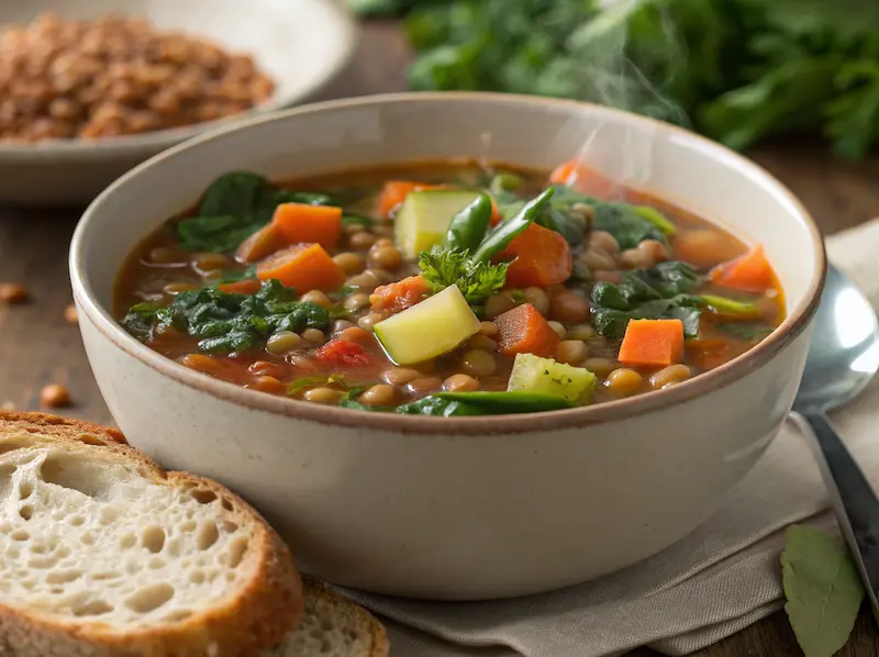 Lentil and vegetable soup – an easy plant-based iron-rich meal for kids.