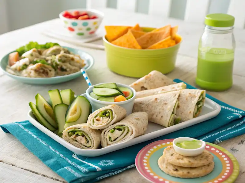 Toddler lunch ideas showcasing turkey and cheese roll-ups, veggie-stuffed pita pockets, and mini avocado quesadillas — ideal Toddler Meals.