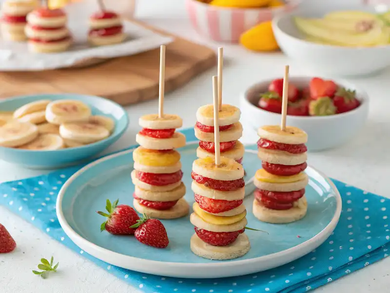 Mini pancake skewers with fruit—playful and healthy toddler breakfast idea for little hands.