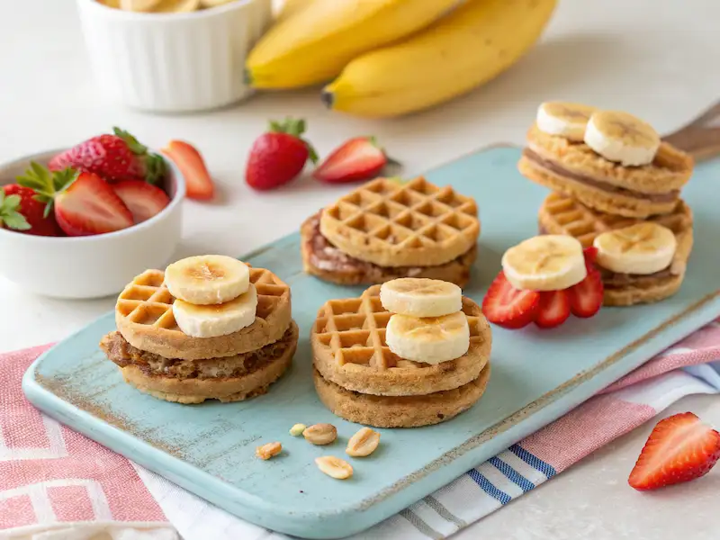 Mini waffle sandwiches with nut butter and banana slices—a fun toddler breakfast idea.
