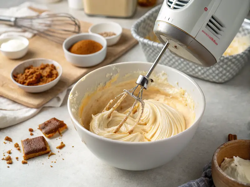 Mixing cream cheese, sugar, vanilla extract, and Biscoff spread to create the creamy filling for mini Biscoff cheesecakes.