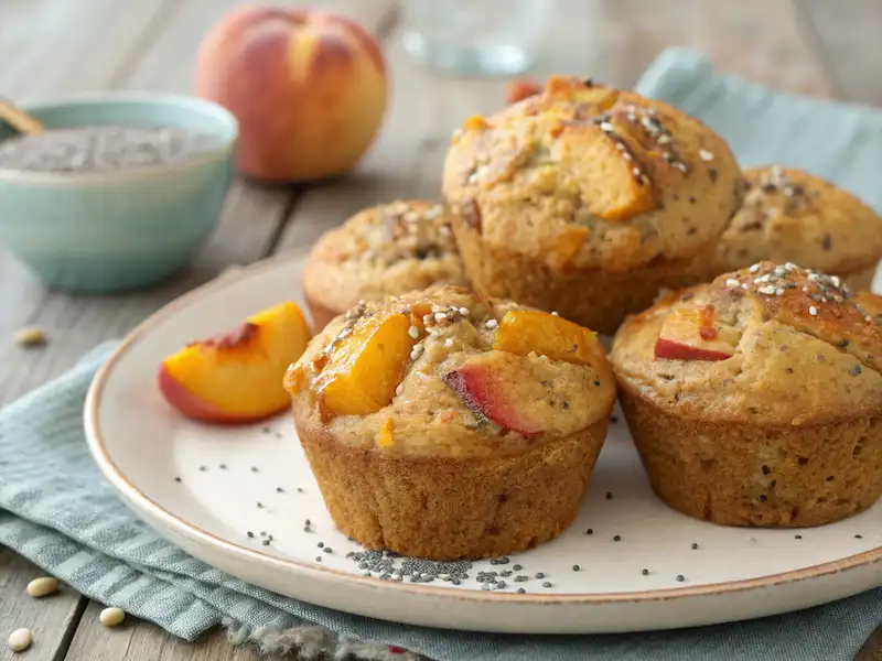 Peach Chia Muffins for toddlers, packed with omega-3s and made with fresh peaches and chia seeds—perfect toddler breakfast muffins.