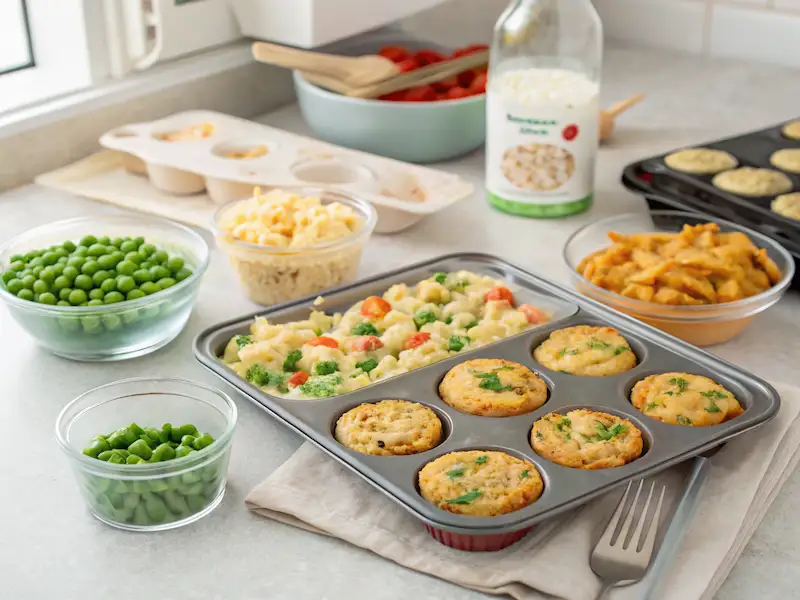 Toddler meal prep selection with veggie egg muffins, colorful pasta salad, and baked oatmeal squares for easy Toddler Meals.