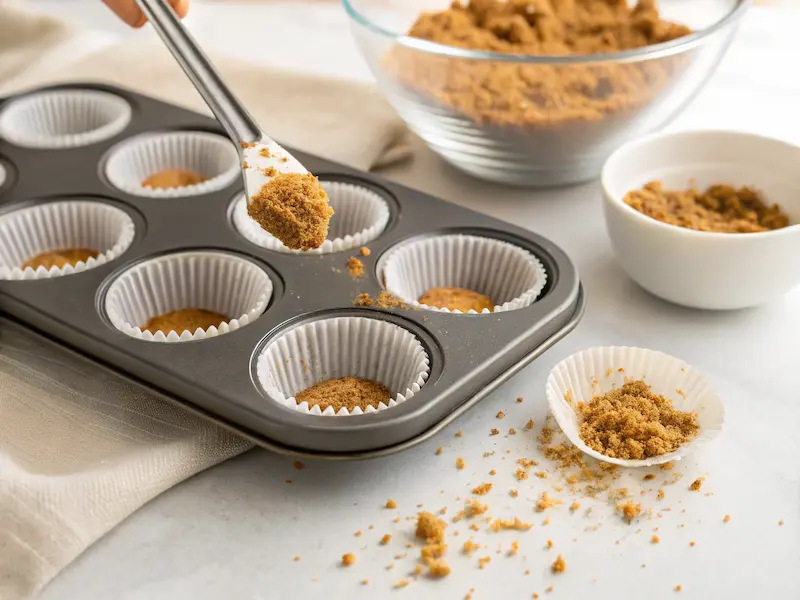 Biscoff cookie crust being pressed into muffin tin liners for mini Biscoff cheesecakes.