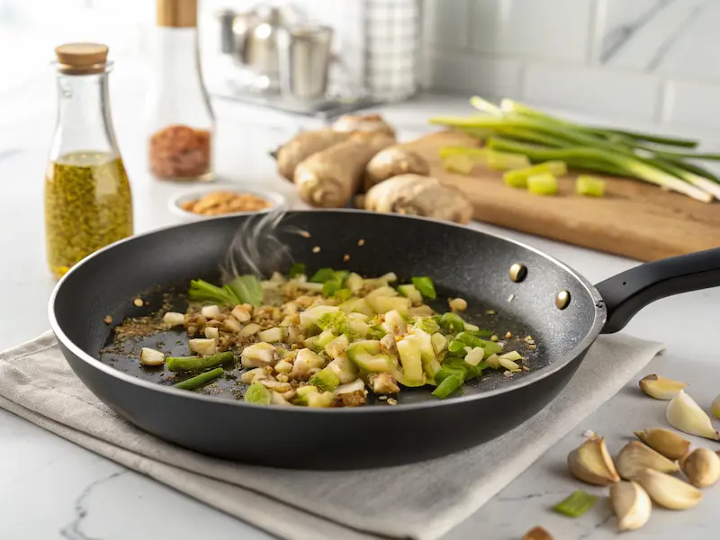 Aromatics like garlic, ginger, and lemongrass sautéing in a pan for Coconut Fish Curry with Lime and Lemongrass.