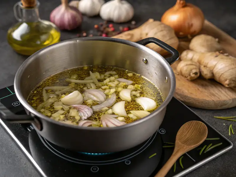 Sautéing garlic, onion, and ginger in a pot to start coconut lime fish soup