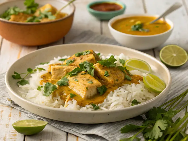 Coconut Fish Curry with Lime and Lemongrass served over jasmine rice with herbs and lime wedges.