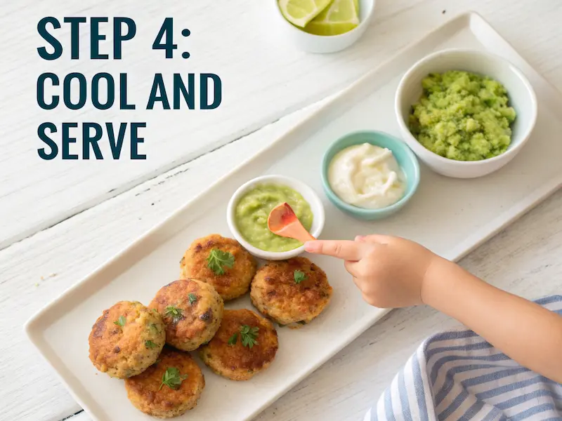 Toddler salmon cakes served on a plate with yogurt and avocado dip, ready to eat