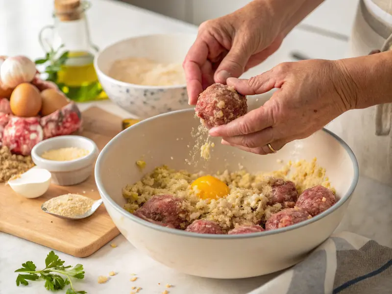 Hands mixing ingredients to form sweet and sour meatballs in a bowl.