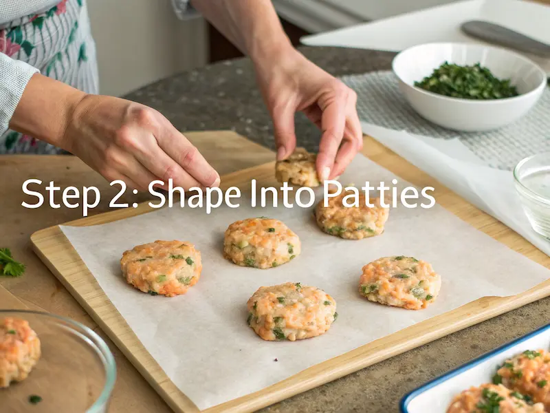 Shaping toddler salmon cakes into small patties on parchment paper