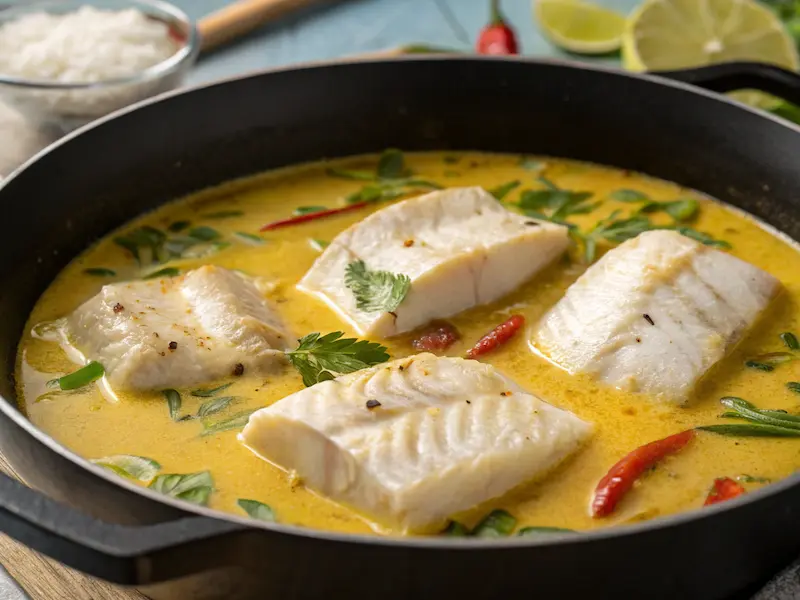 White fish pieces gently simmering in coconut curry sauce for Coconut Fish Curry with Lime and Lemongrass.