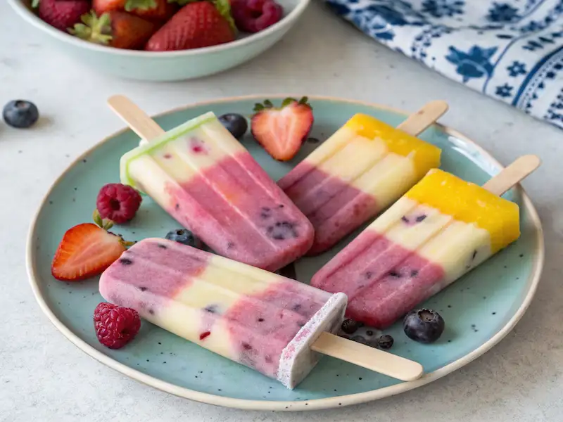 Smoothie popsicles with bright fruit layers—a fun and nutritious toddler breakfast idea.