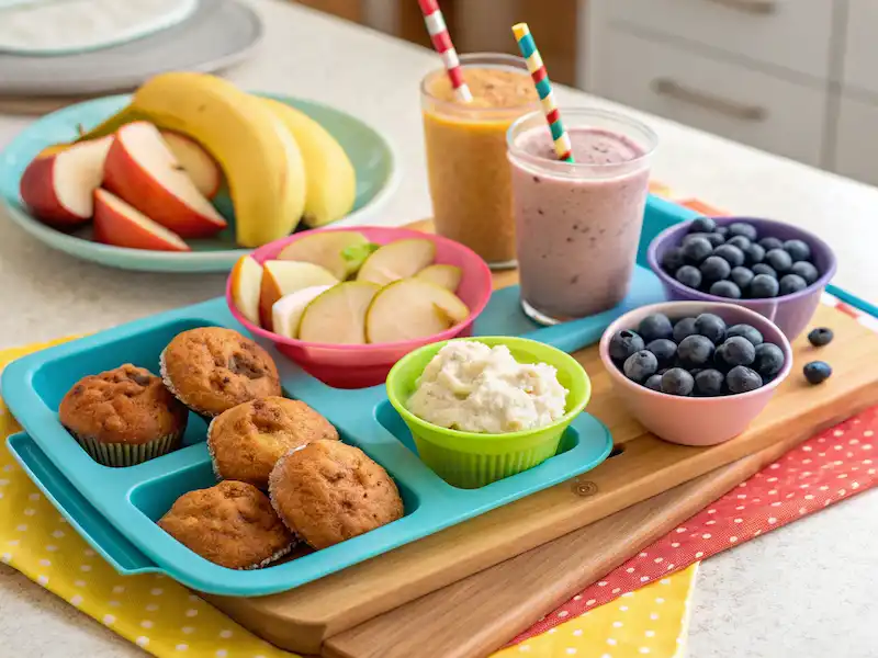 Healthy toddler snack board with apple slices and peanut butter, mini muffins, and smoothie popsicles — a perfect part of Toddler Meals.