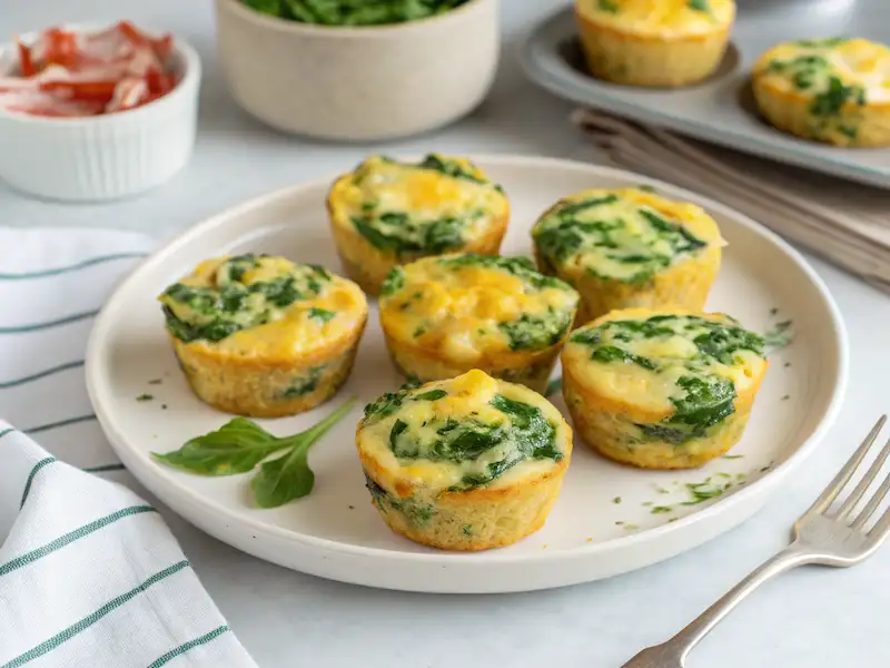 Spinach and cheese egg muffins on a plate—healthy toddler breakfast idea for busy mornings.