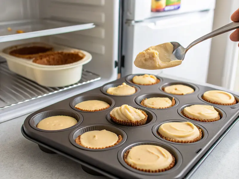 Spoon placing creamy Biscoff cheesecake filling over the crust in muffin tin liners.