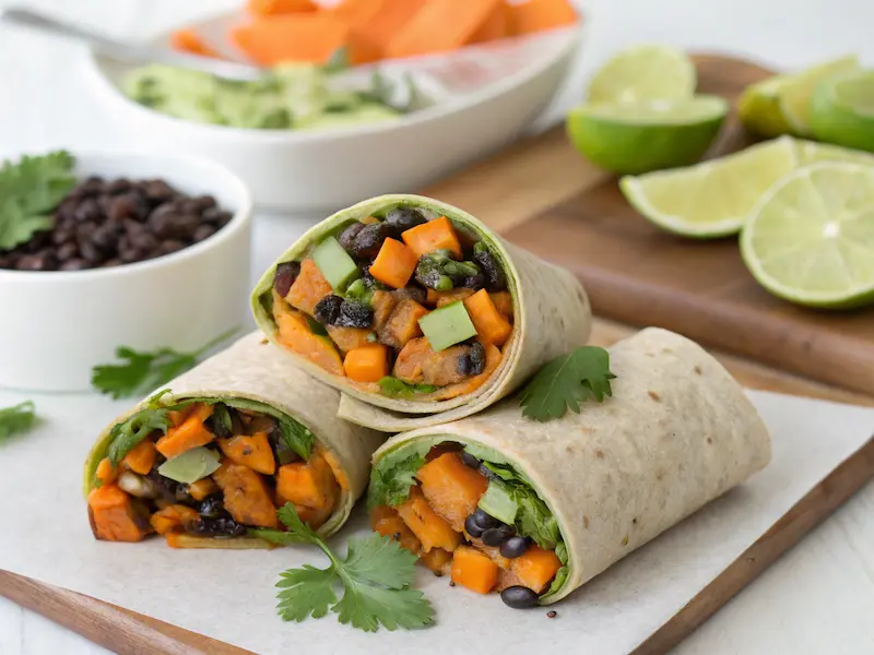 "Sweet potato and black bean wraps—perfect for toddler lunches with mashed sweet potato, black beans, and a whole wheat tortilla."