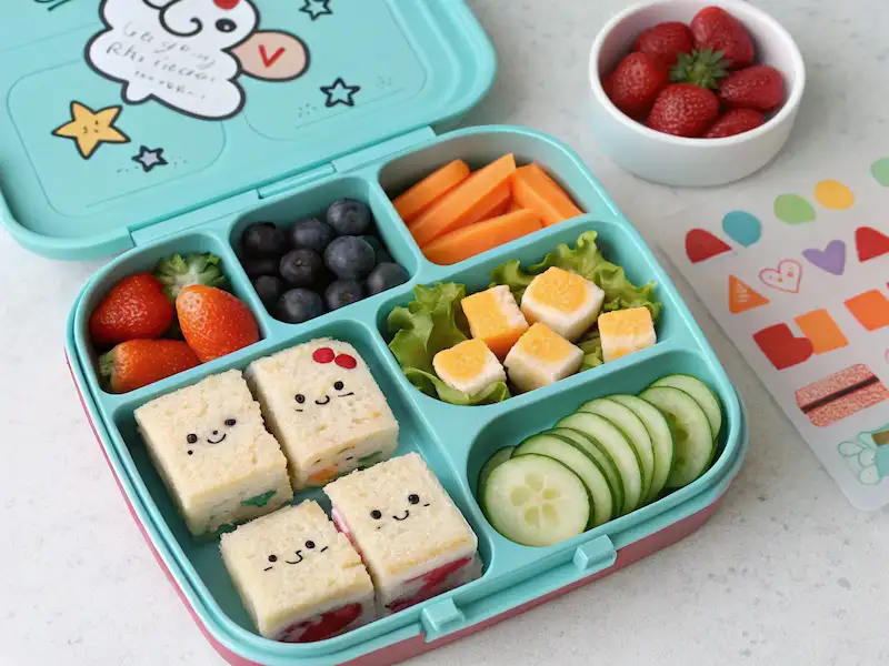 "Toddler Bento Box filled with mini sandwiches, cheese cubes, grapes, and cucumber slices—a balanced and fun toddler lunch idea."