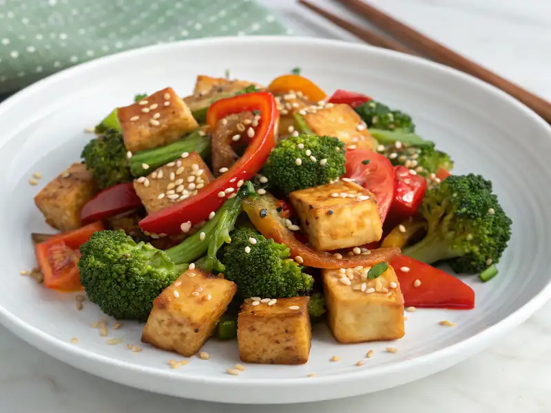 Tofu stir-fry with broccoli and peppers – a vitamin C-boosted iron meal for kids.