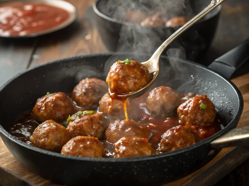 Meatballs coated in thick sweet and sour sauce in a hot skillet.