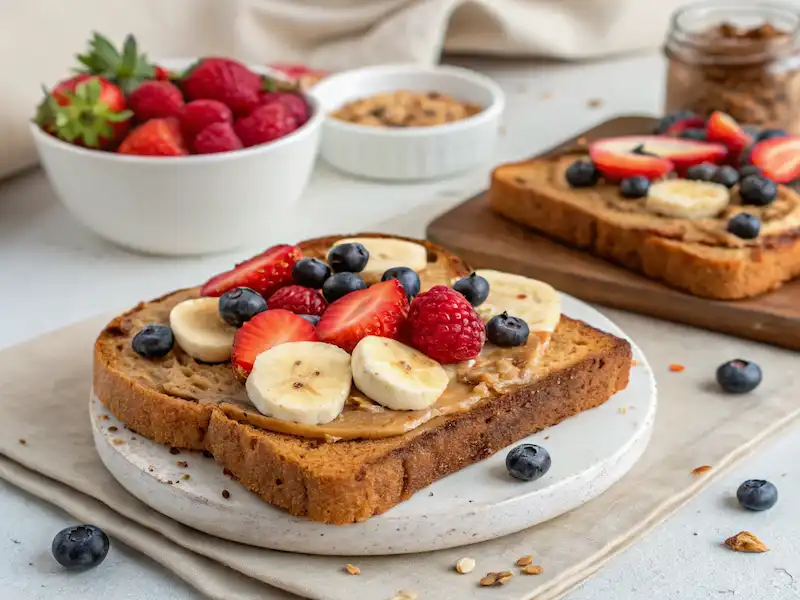 Whole grain toast spread with peanut butter, topped with banana slices—a perfect toddler breakfast idea.