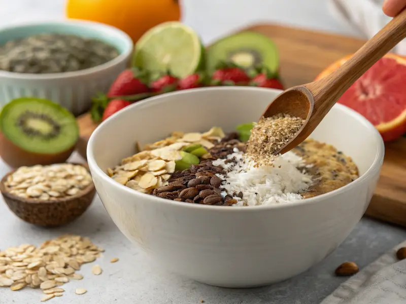 "Adding rolled oats and chia seeds to the wet mixture for toddler granola bar recipe."