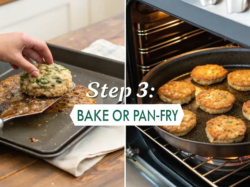 Toddler salmon cakes being baked in the oven and pan-fried in a skillet
