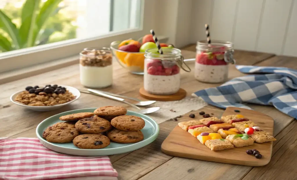 easy dessert recipes for kids including cookies, parfaits, Rice Krispie treats, and fruit kabobs on a kitchen table.