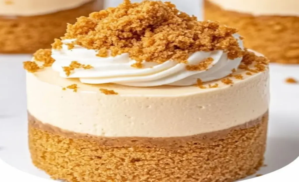 "A single mini Biscoff cheesecake served on a small white plate, with a golden Biscoff cookie crust, creamy filling topped with Biscoff spread drizzle, and a whole cookie for garnish."