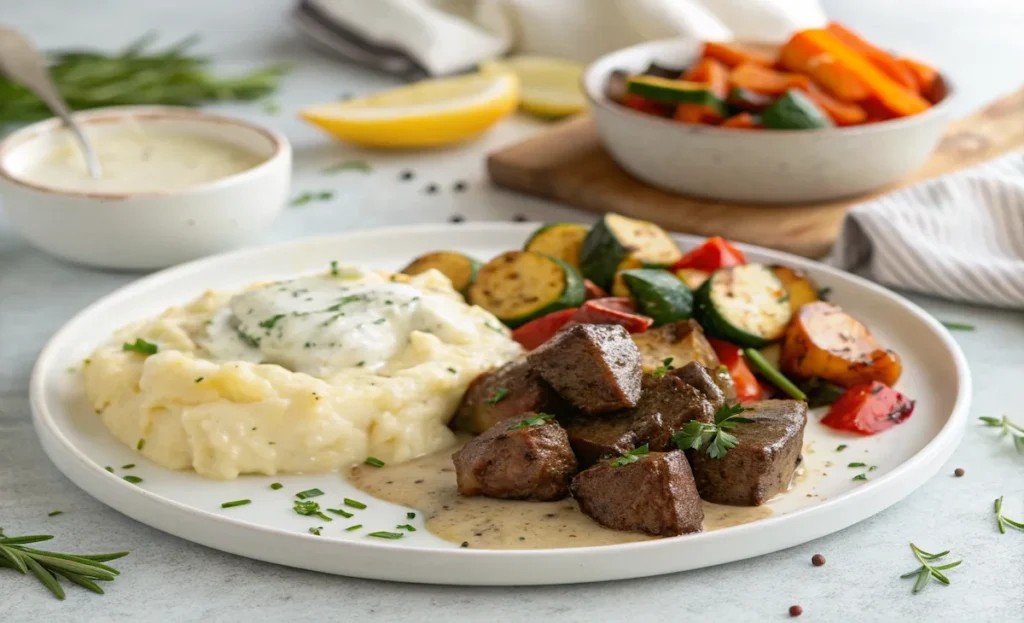 Juicy garlic butter parmesan steak bites served in a cast iron skillet, topped with creamy sauce and garnished with green onions and red pepper flakes.