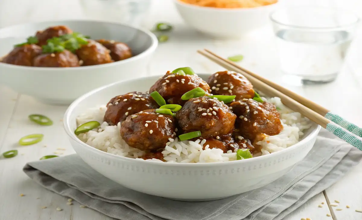 Sweet and sour meatballs served over white rice, topped with green onions and sesame seeds in a white bowl on a cozy kitchen table.